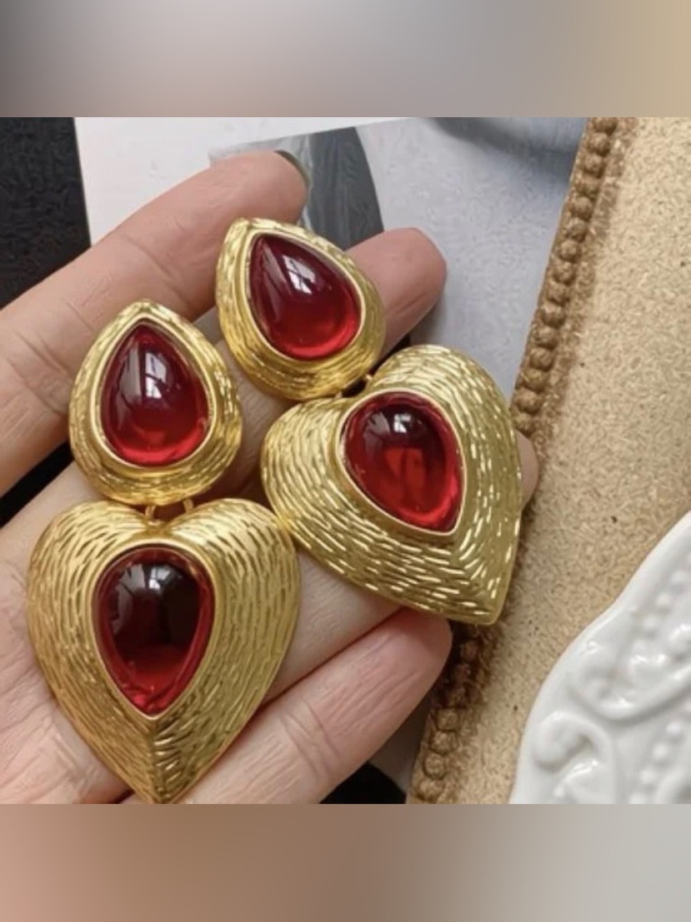 Gold and Deep Red Teardrop Heart Vintage VibeEarrings